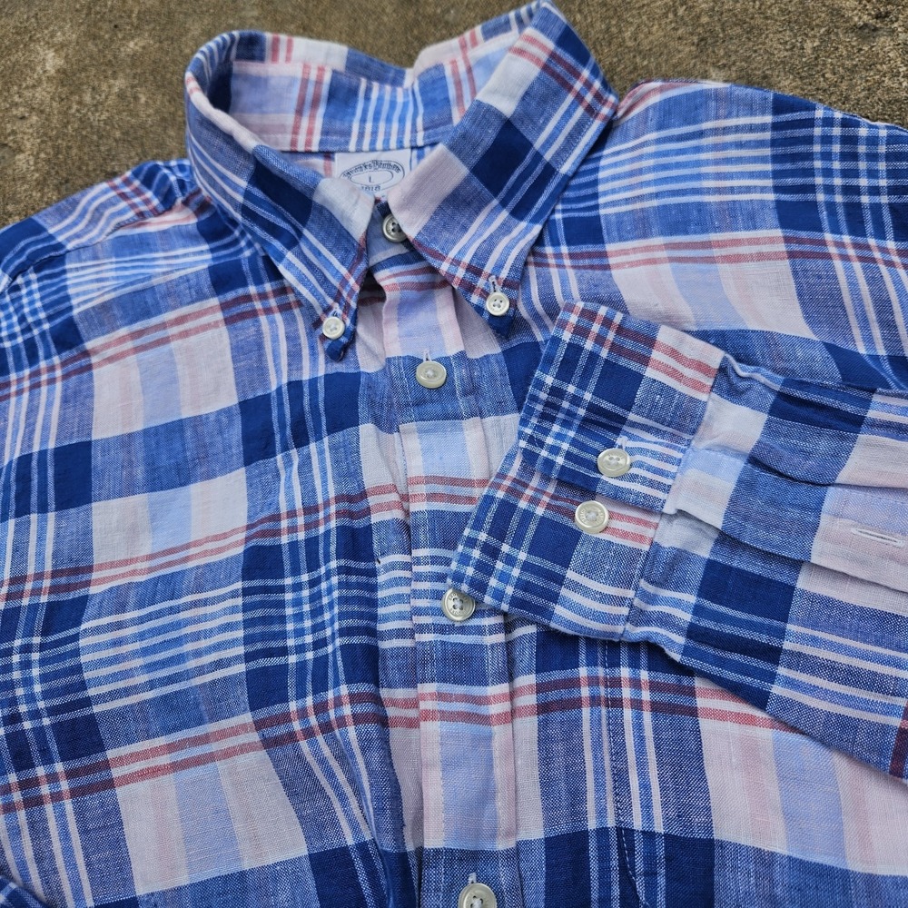 Linen Brooks Brothers Mens Large Red White Blue Plaid Shirt‎ Regular Fit Polo L